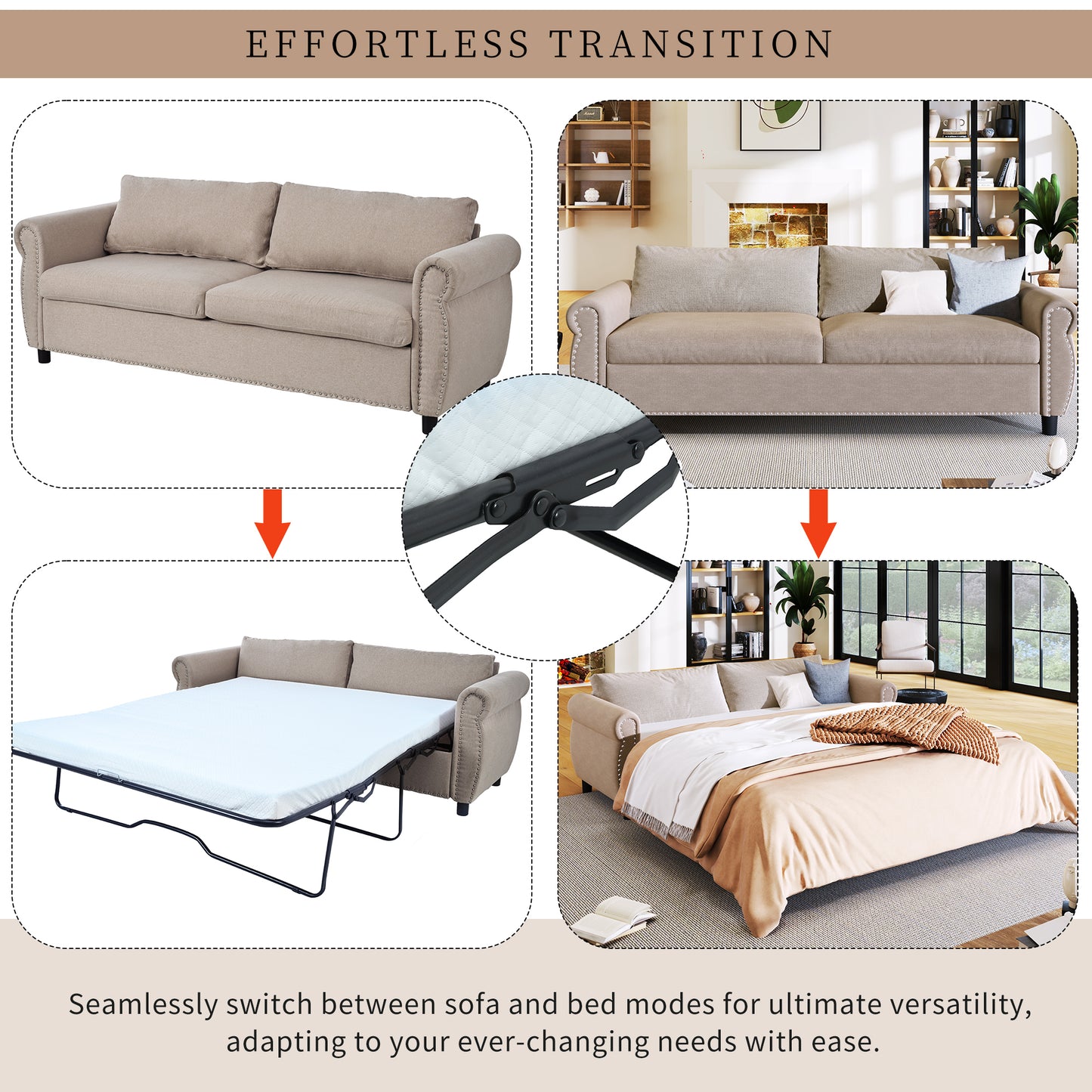 U_Style 80.7'' 2-in-1 Sofa Bed Sleeper with Large Mattress(63''*70.9*3.3 inch), for Living Room Spaces  Bedroom