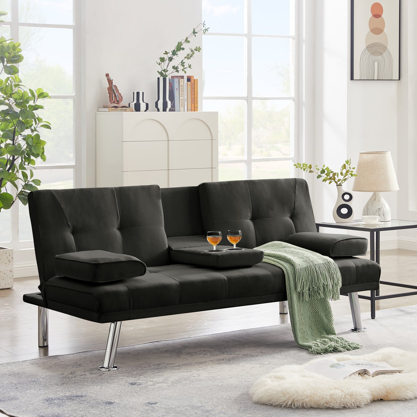 Modern Fabric Upholstered Futon Sofa Bed with Cupholders and Adjustable Positions