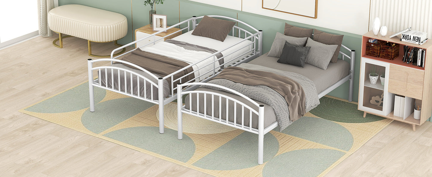 Chrome Finish Metal Twin Bunk Bed - White, Separable Twin Beds