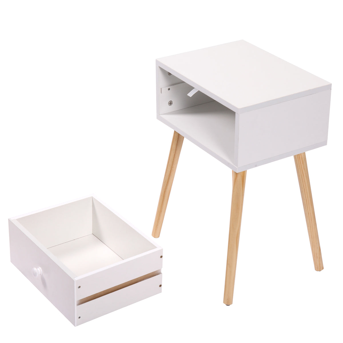 Set of 2 Wood Nightstand with Storage Drawer and Solid Wood Leg, Modern End Table for Living Room Bedroom Home Furniture, White + Brown