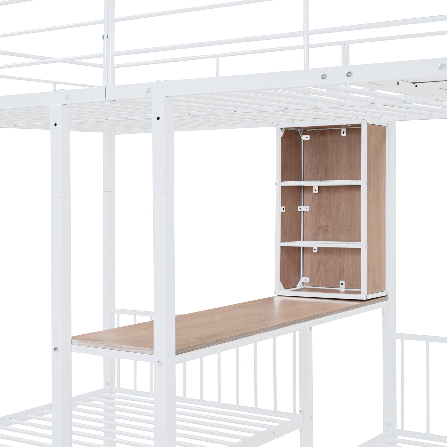 Triple Bunk Bed with White Metal Convertible Desk and Shelves