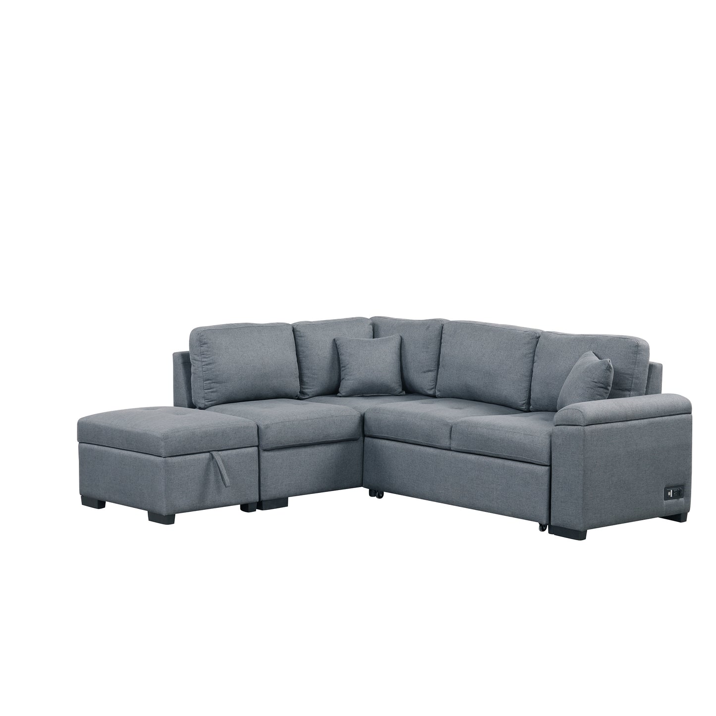 L-Shaped Sleeper Sectional Sofa with Ottoman and USB Charge, Dark Gray