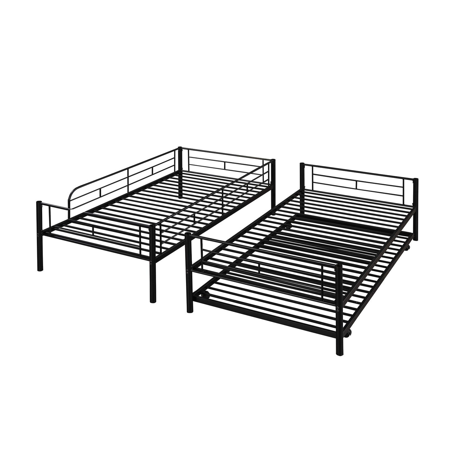 Metal Bunk Bed with Twin Trundle, Convertible Twin-Over-Twin, Black