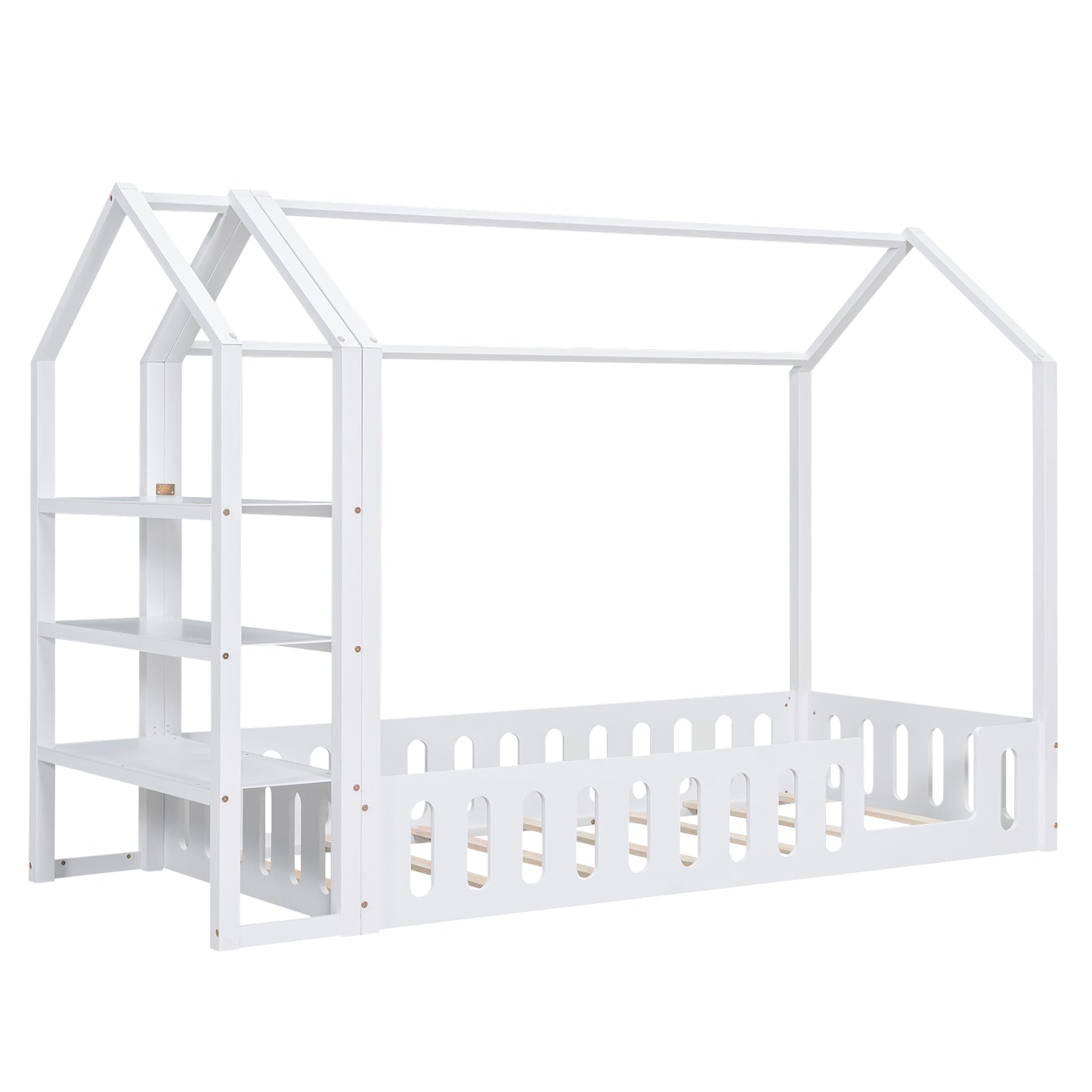 Twin Size Wood House Bed with Fence and Detachable Storage Shelves, White(Expected Arrival Time: 1.7)