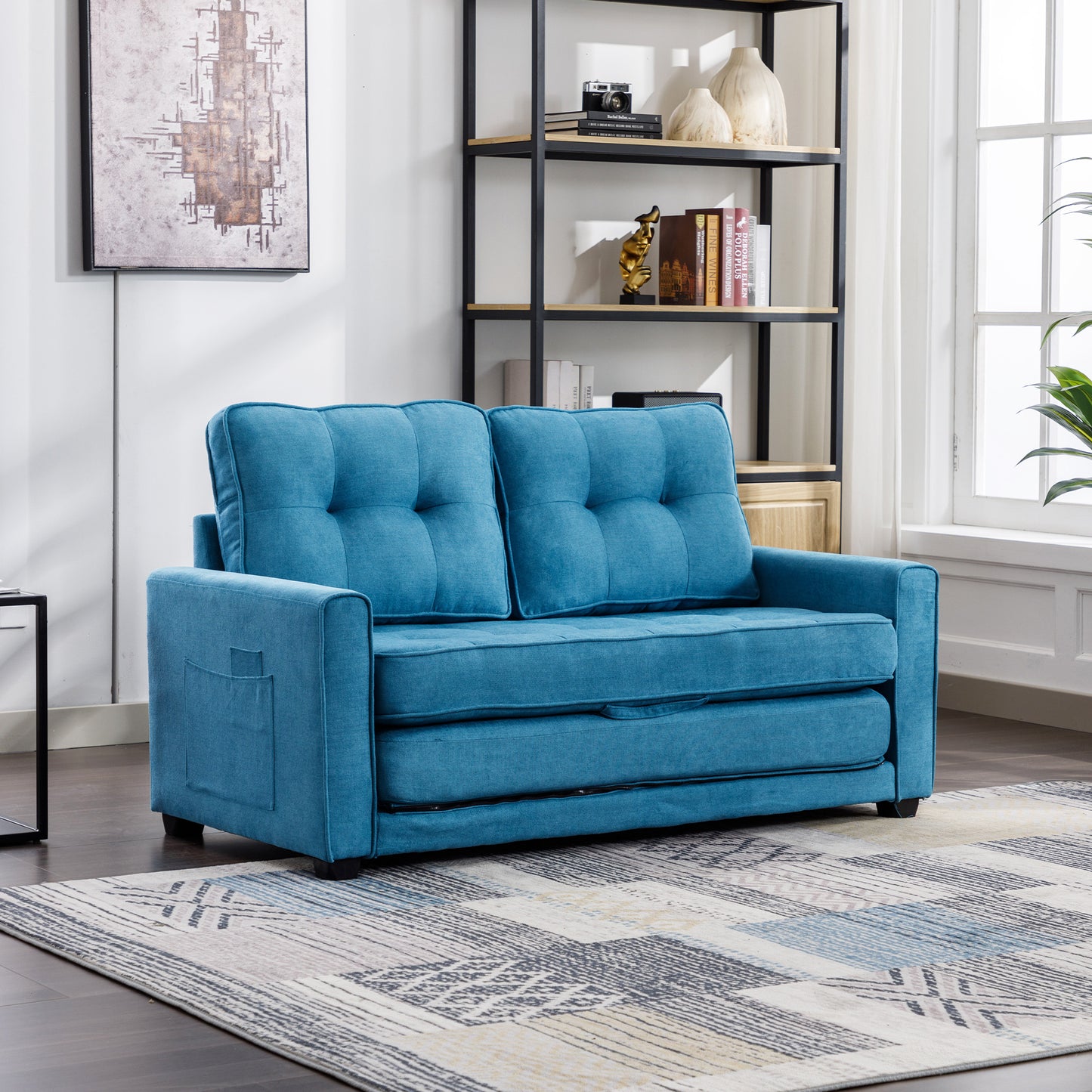 Modern Blue Loveseat Sofa with Pull-Out Bed and Storage Pockets