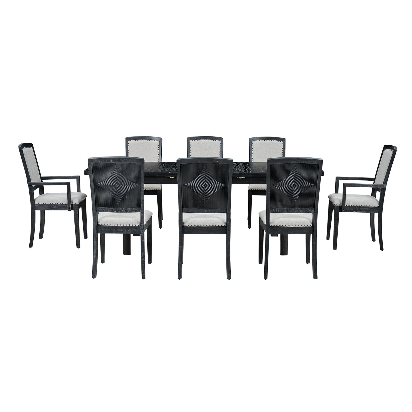 Rustic Extendable 84inch Dining Table Set with 24inch Removable Leaf , 6 Upholstered Armless Dining Chairs and 2 Padded Arm Chairs, 9 Pieces, Black