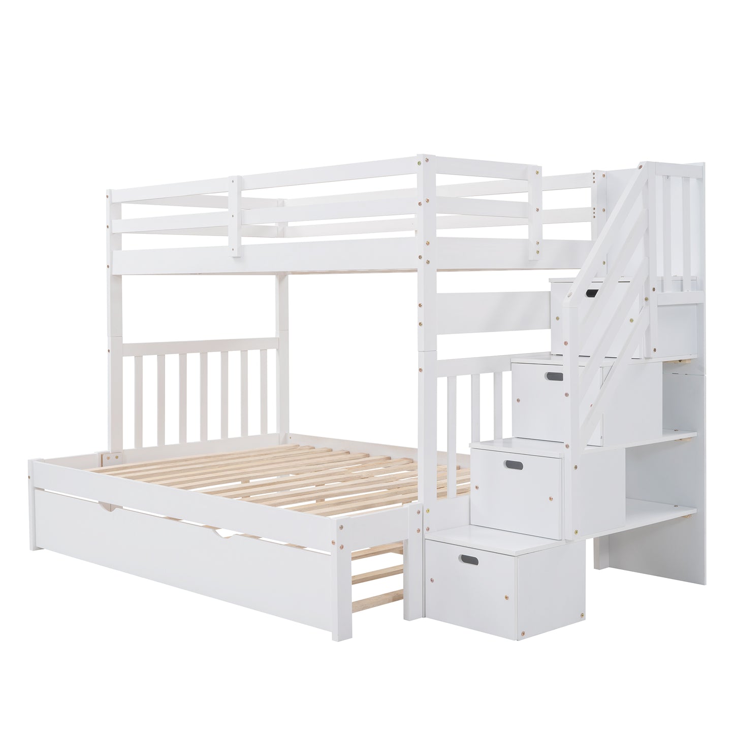 Stairway Bunk Bed with Trundle and Storage Drawers in White