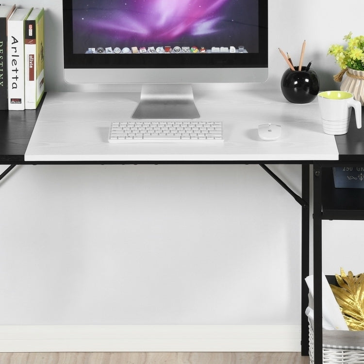 Large White and Black Study Desk with Adjustable Top and Storage Shelves