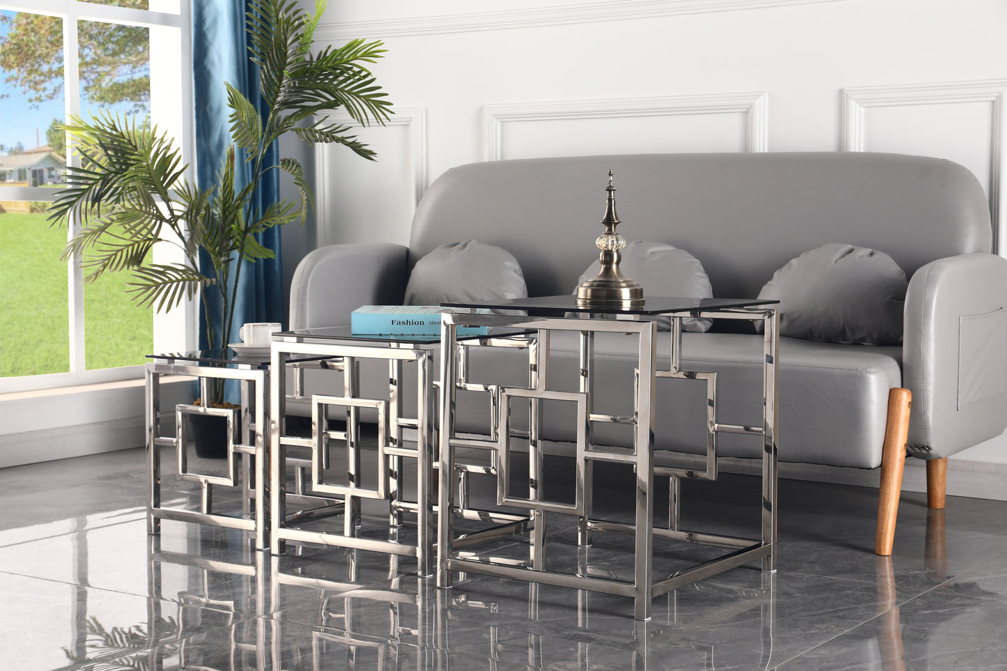 Silver Square Nesting Glass End Table Set with Stainless Steel Frame