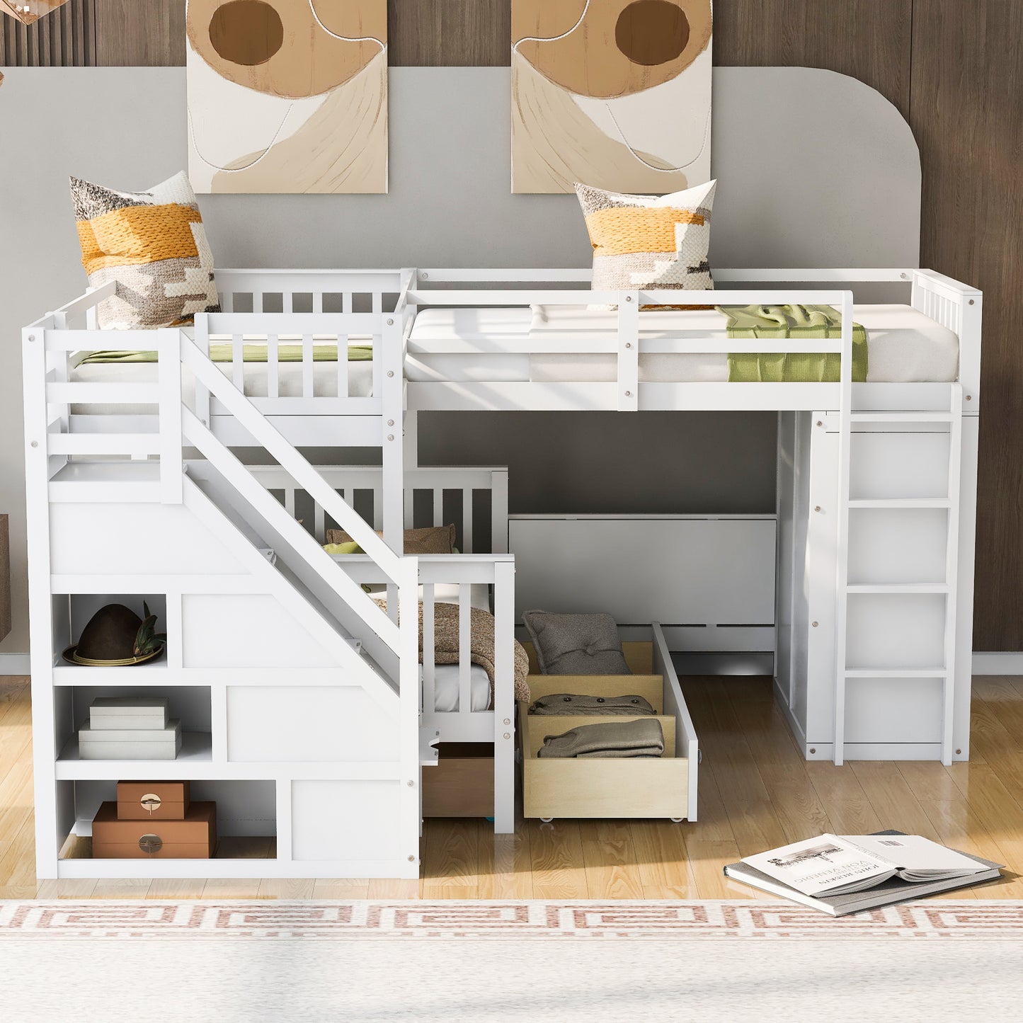 L-Shaped Bunk Bed Set with Desks, Wardrobe, Drawers, White - Space-Saving Sleepover Solution