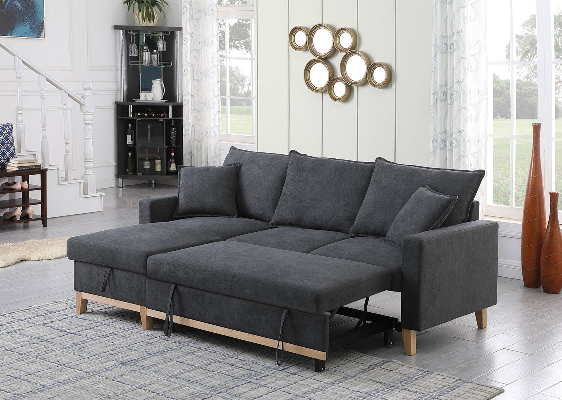 Convertible Dark Grey Upholstered Sleeper Sectional Sofa with Built-In Storage Chaise