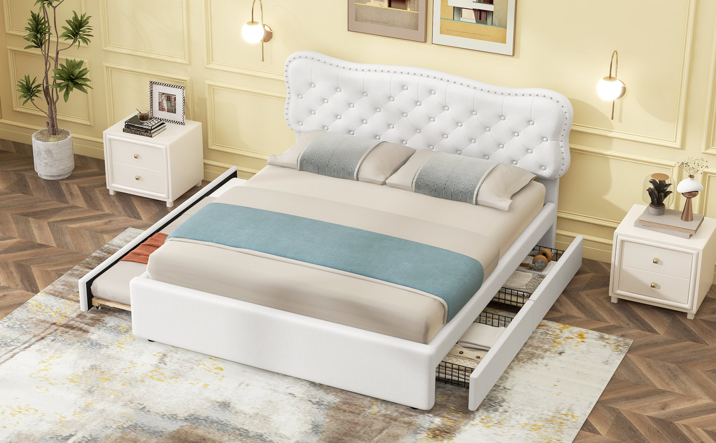 Queen Size Upholstery Platform Bed with Storage Drawers and Trundle,White