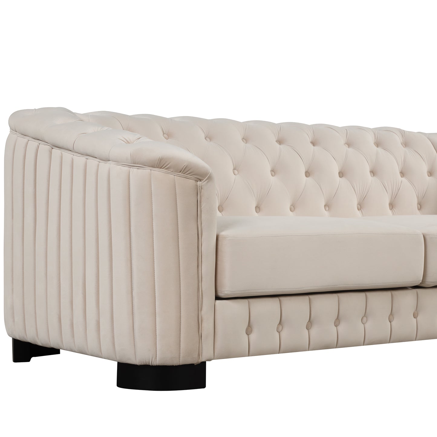 82-Inch Beige Velvet Upholstered Mid Century Modern 3-Seater Sofa with Rubber Wood Legs