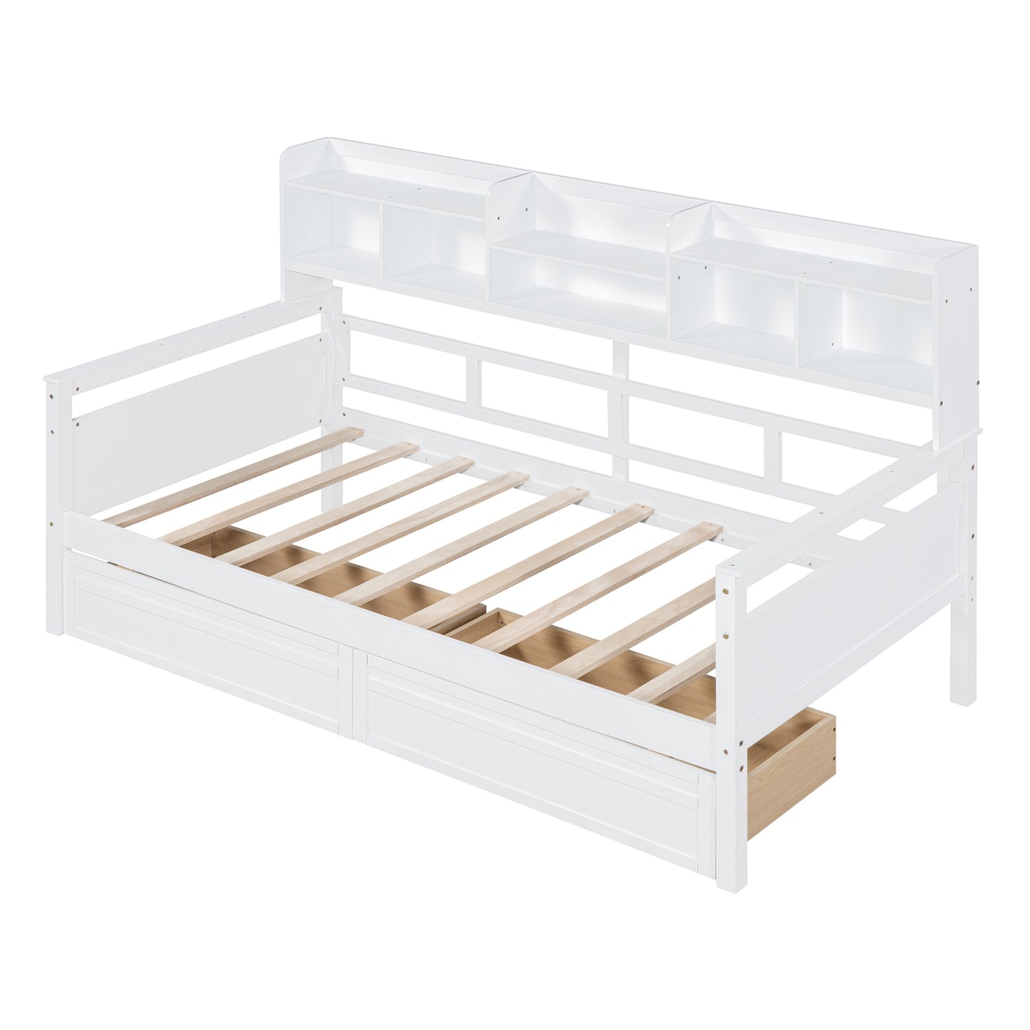 Twin size Daybed, Wood Slat Support, with Bedside Shelves and Two Drawers, White