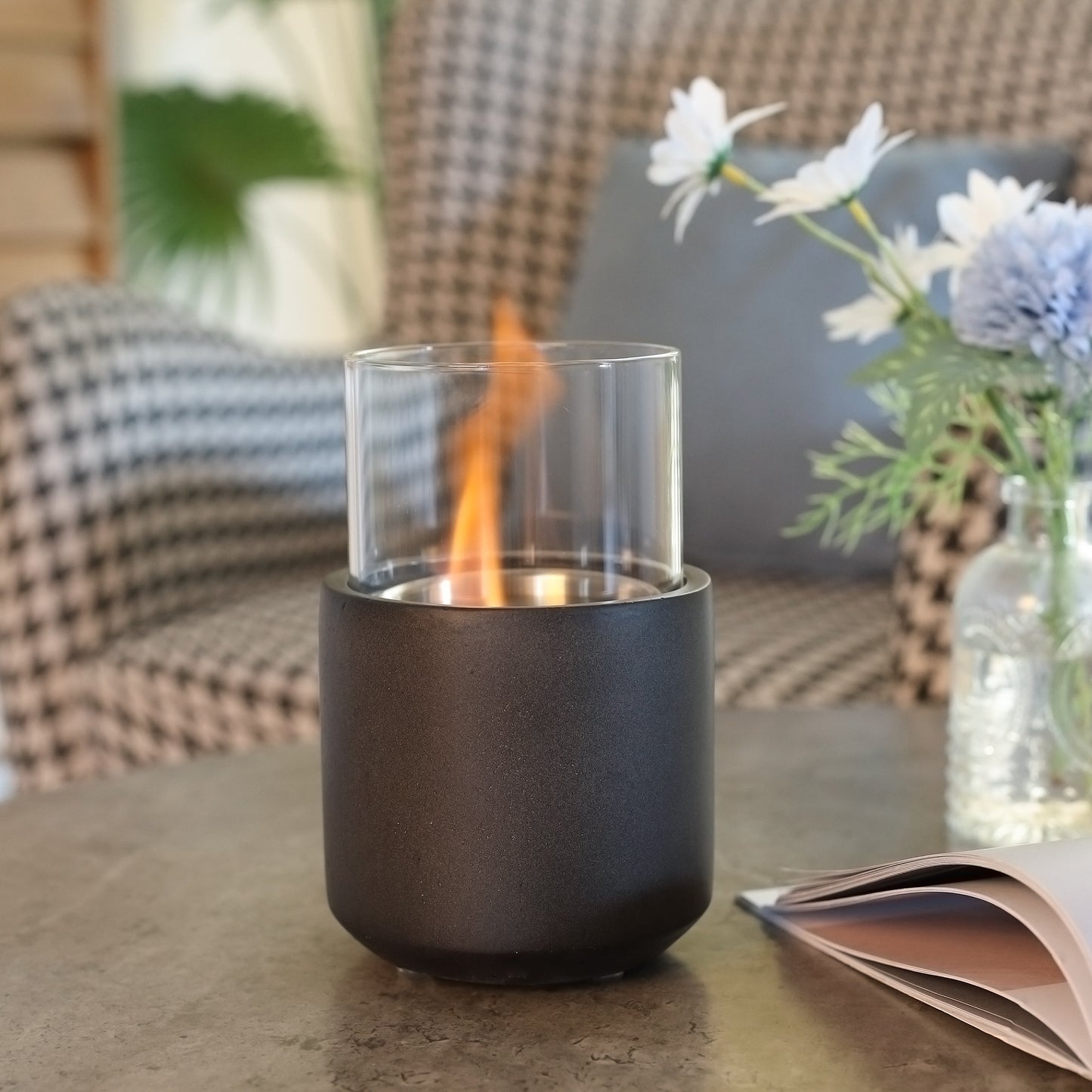 Mini Concrete Ethanol Fire Bowl with Lid, Dark Grey Tabletop Fireplace