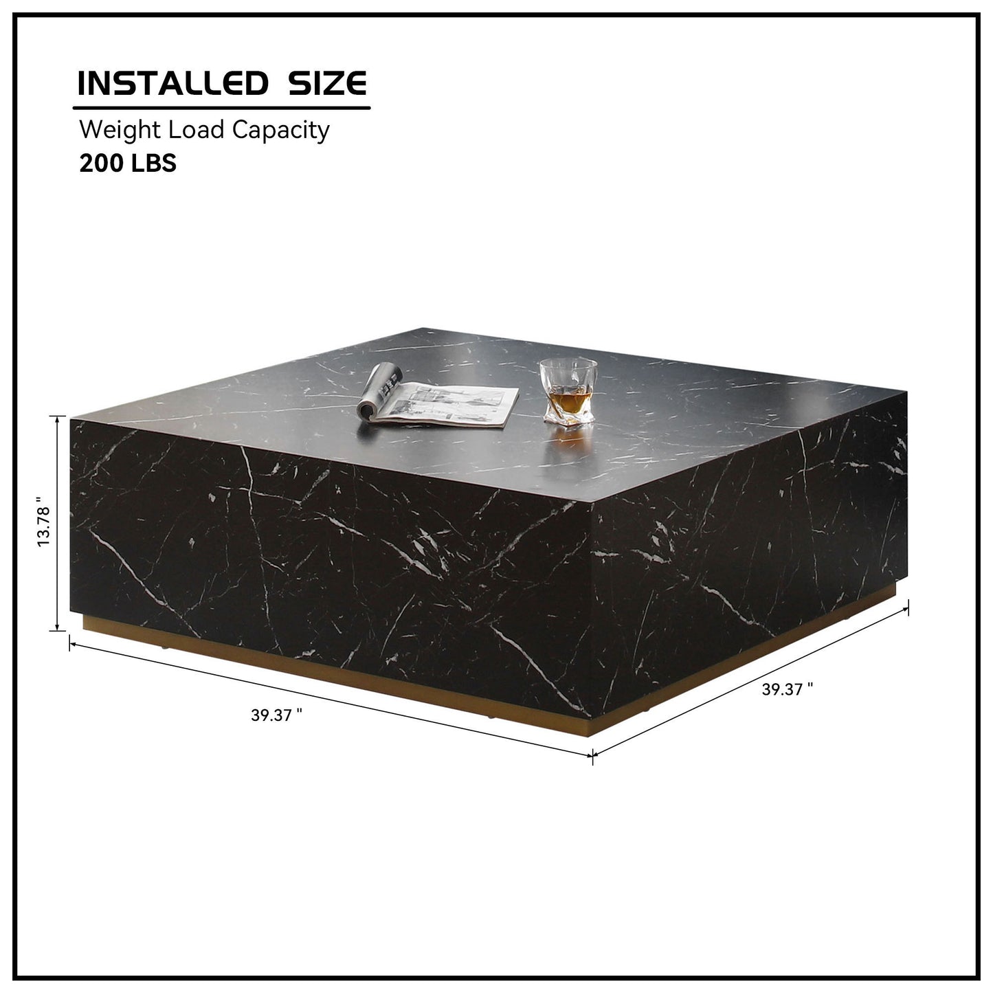 Elegant Black Marble Coffee Table with Gold Base Square Design 39.37W x 13.78H