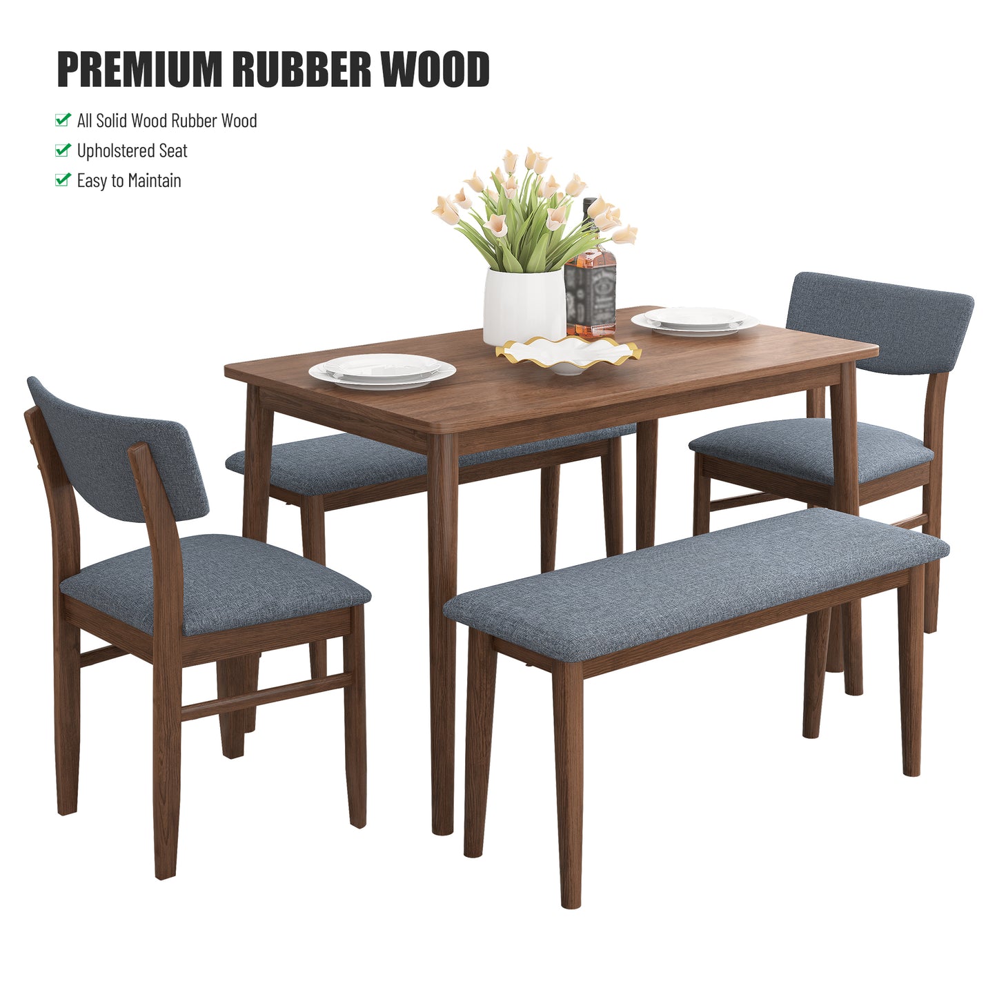 Modern Dining Table Set with 2 Benches and 2 Chairs Fabric Cushion for 6 All Rubber wood Kitchen Dining Table for Dining Room Small Space Grey