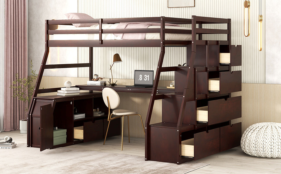 Twin Size Loft Bed with 7 Drawers 2 Shelves and Desk - Espresso