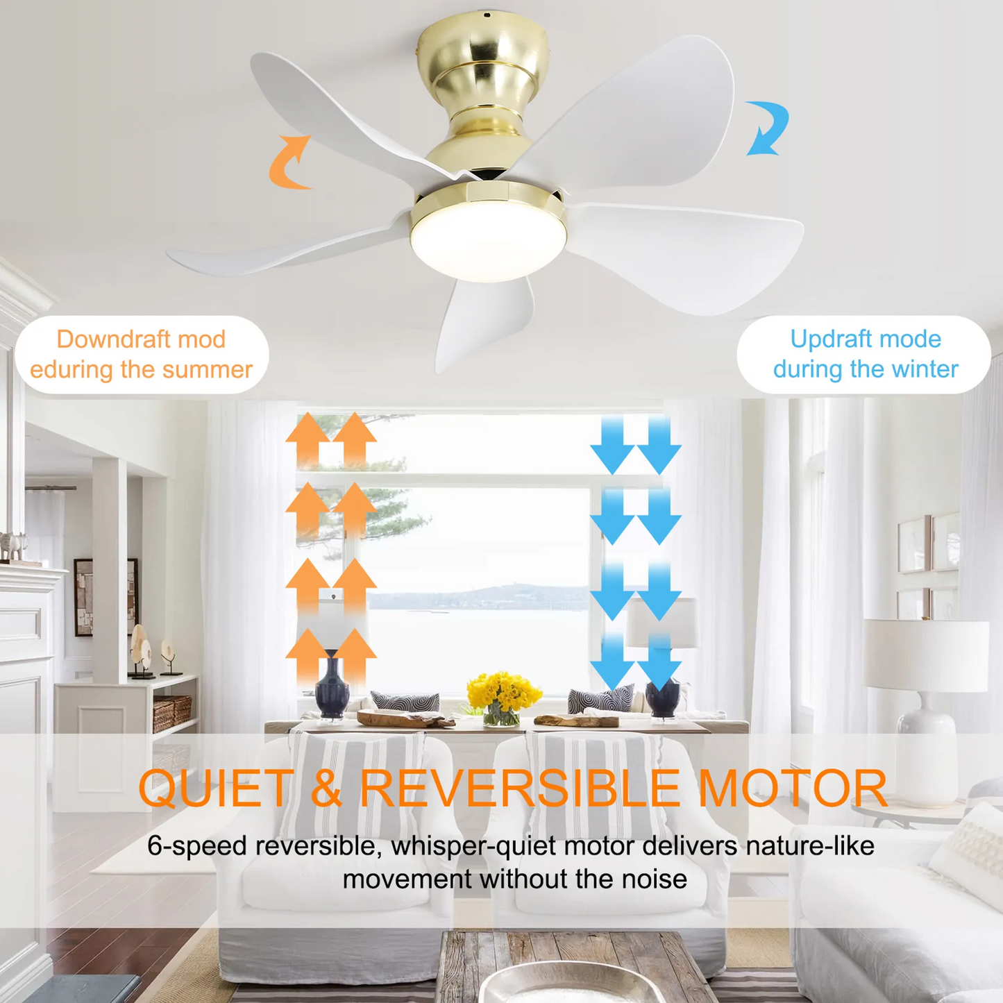 29 Inch Modern Gold Ceiling Fan with Whisper-Quiet Operation and 3-Color LED Light