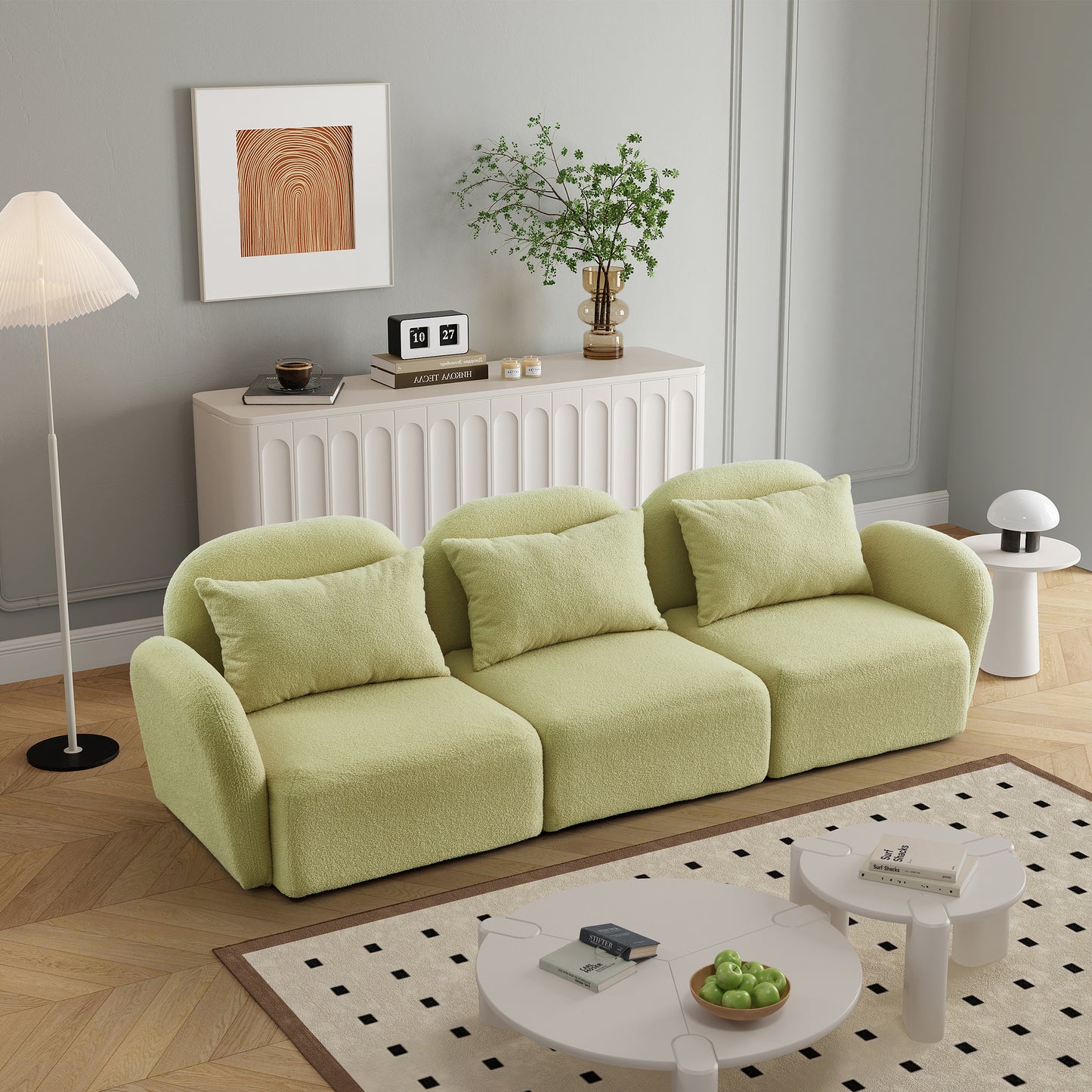 Living Room Furniture Three Seat Lazy Sofa Teddy Fabric Light Green