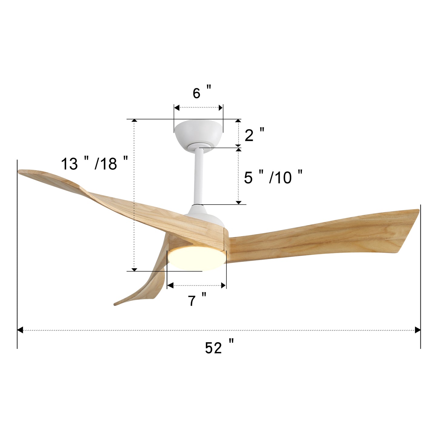 52 Modern White Wood Ceiling Fan with 6-Speed Remote-controlled DC Motor & Energy-saving Features