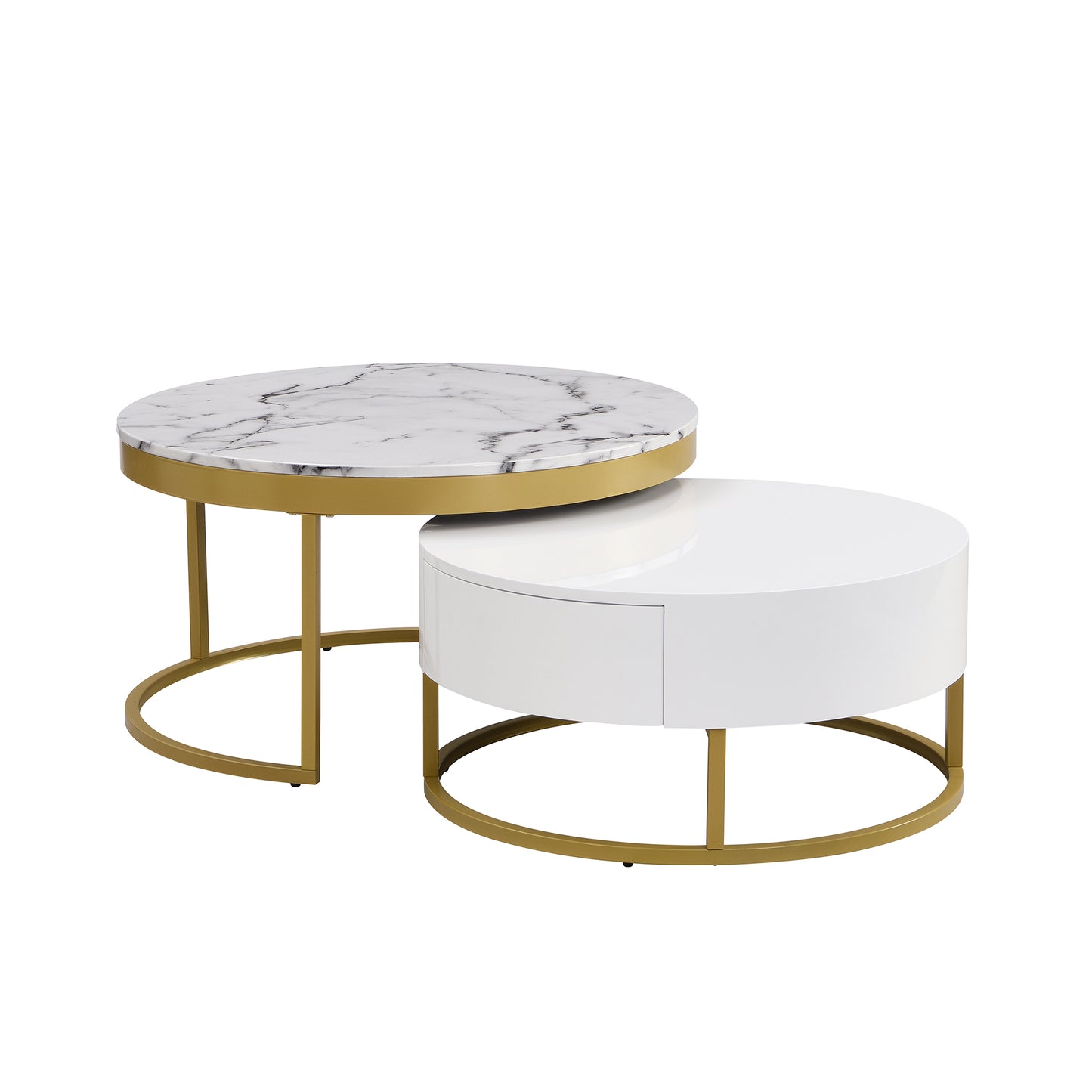 Contemporary White and Gold Nesting Coffee Table with Storage Drawers