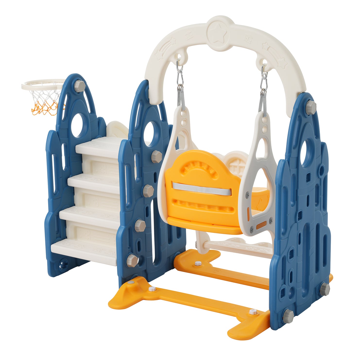 4-in-1 Toddler Playground Climber, Slide, Swing Set with Basketball Hoop