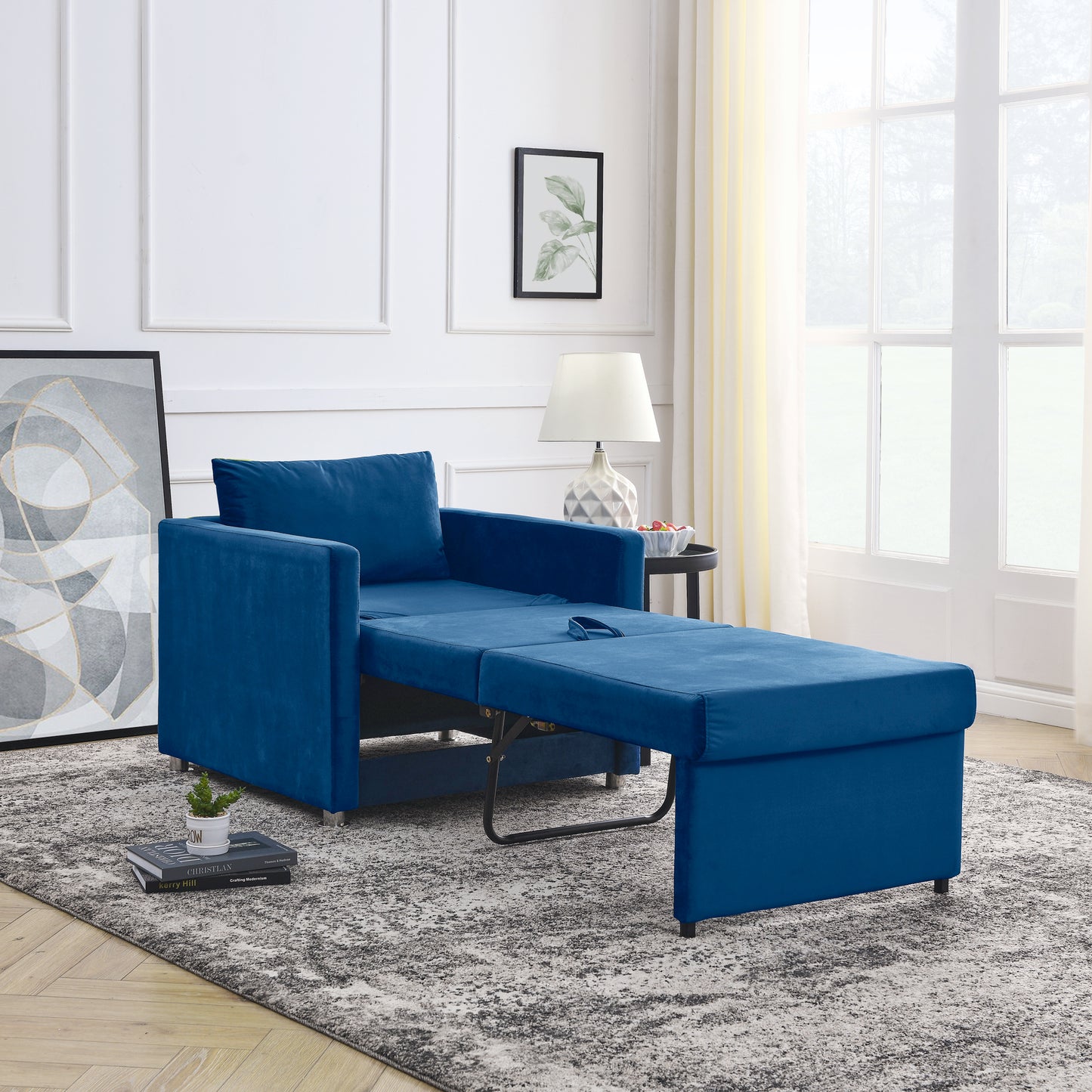 Sofa Bed Chair 2-in-1 Convertible Chair Bed, Lounger Sleeper Chair for Small Space with One Pillow, Blue Velvet