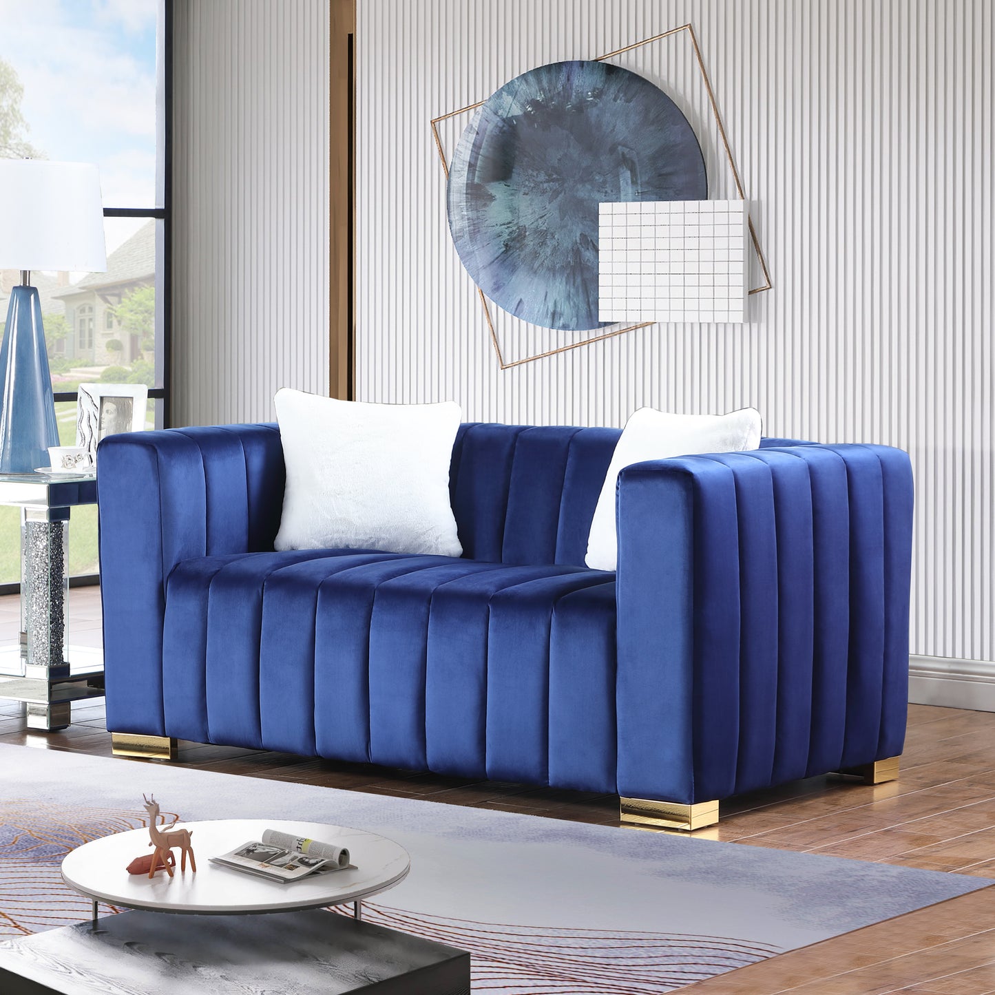 A modern  channel sofa  take on a traditional Chesterfield,Navy Blue color,loveseater