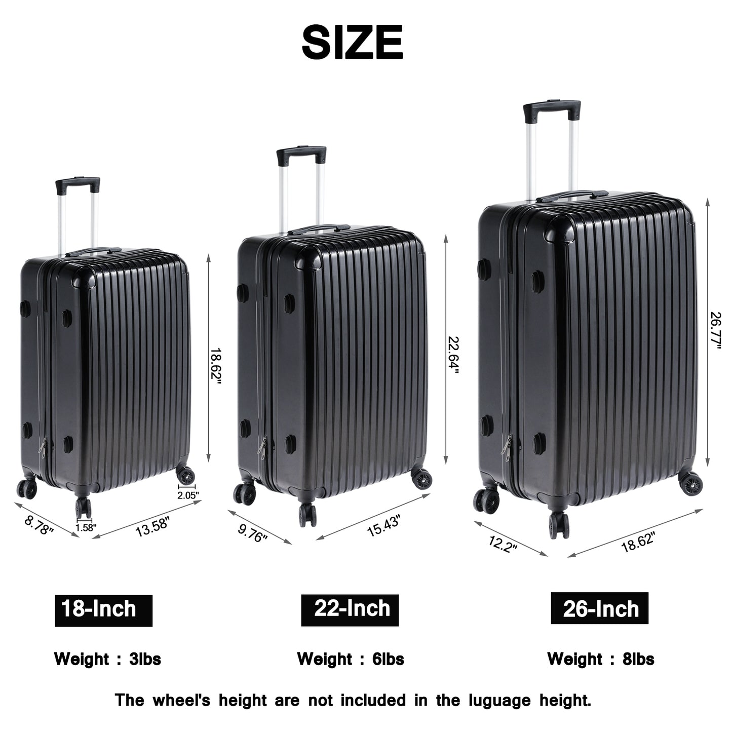 Miibox 3 Piece Set ABS+PC Material Spinner Wheel Luggage Carrier Easy Portable, Black