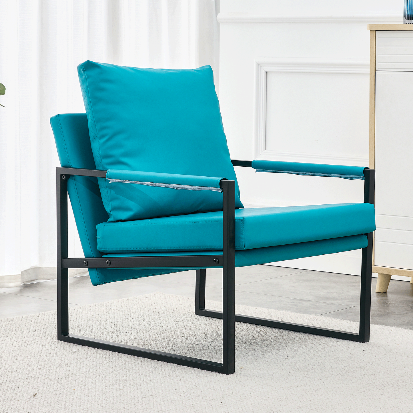 Cyan PU Leather 2-Piece Set of Modern Sofa Chairs with Metal Frame