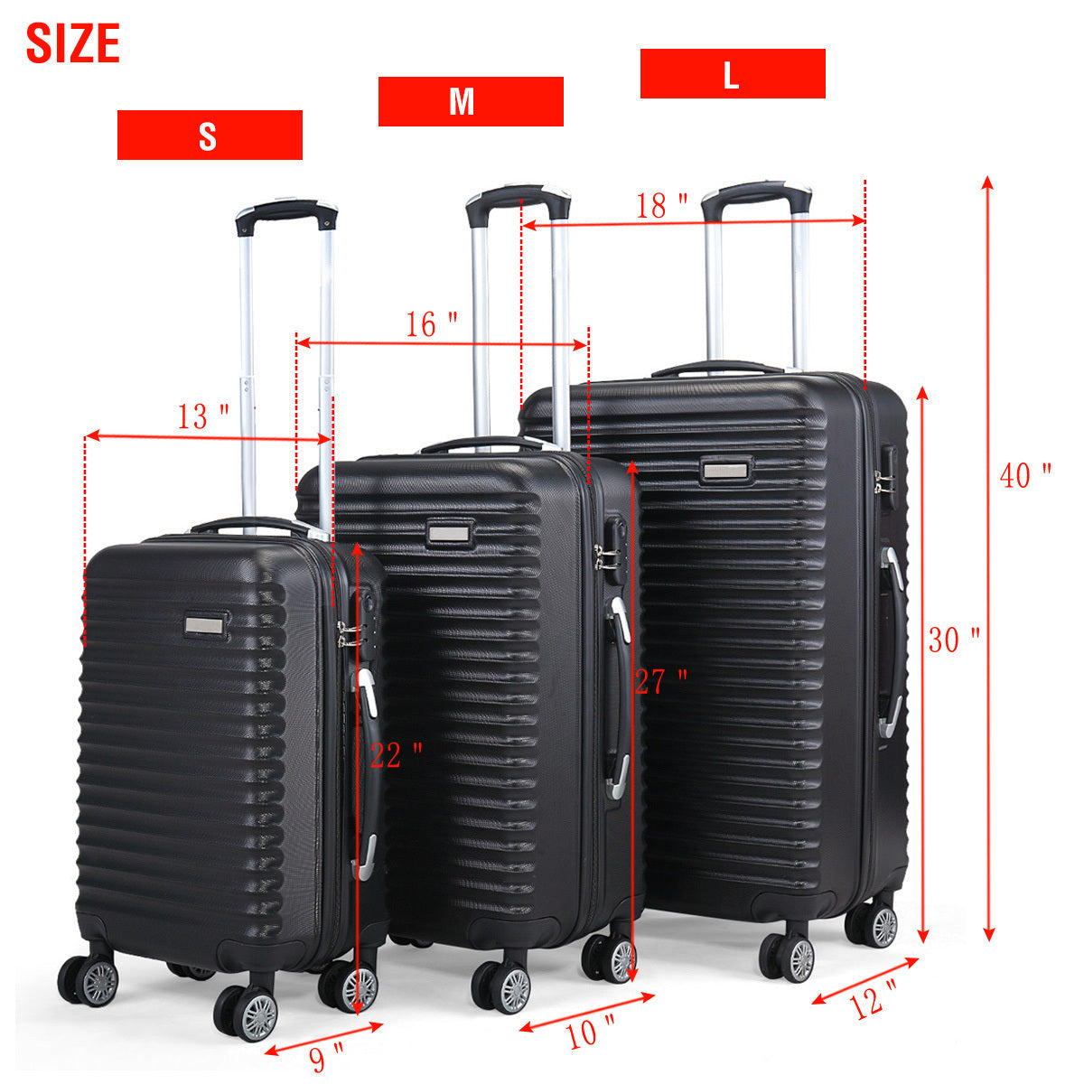 Set of 3 Trolley Suitcases Travel Luggage Storage, Black