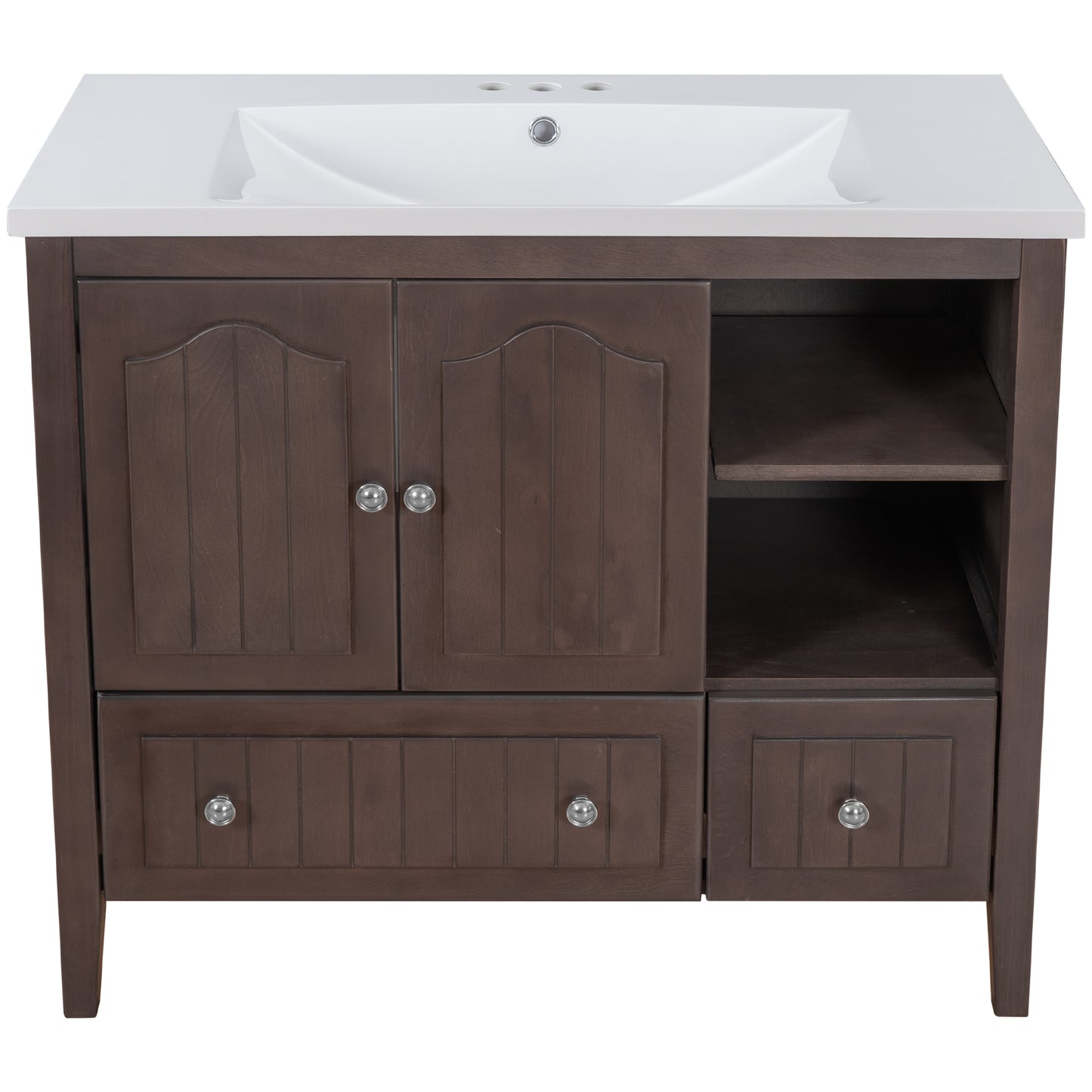 36" Bathroom Vanity with Ceramic Basin, Bathroom Storage Cabinet with Two Doors and Drawers, Solid Frame, Metal Handles, Brown