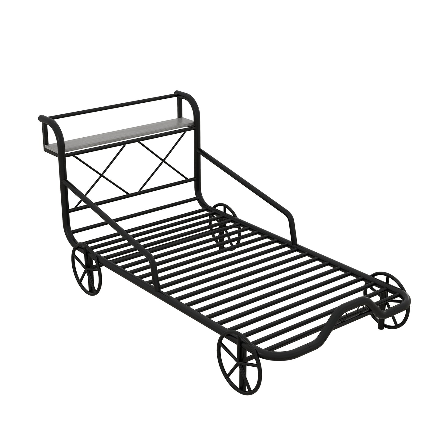 Twin Size Metal Car Bed with Four Wheels, Guardrails and  X-Shaped Frame Shelf, Black(: MF297599AAB)