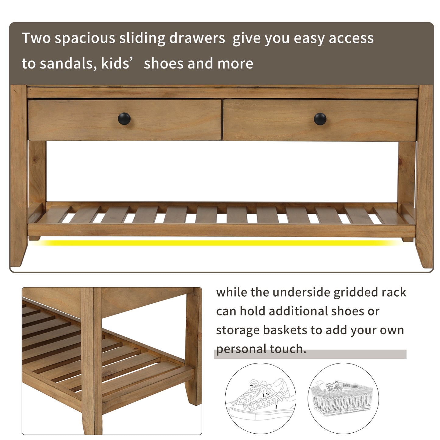 TREXM  Shoe Rack with Cushioned Seat and Drawers, Multipurpose Entryway Storage Bench (Old Pine)