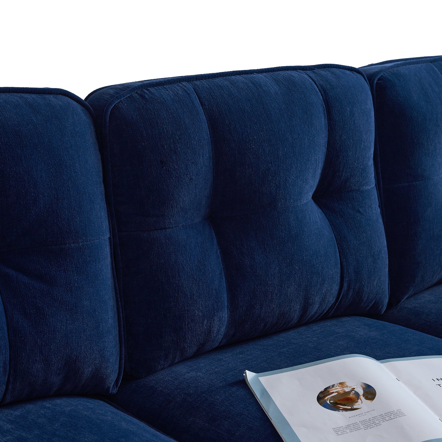 83 Blue Velvet L-Shaped Sectional Sofa with Mid-Century Modern Vibes