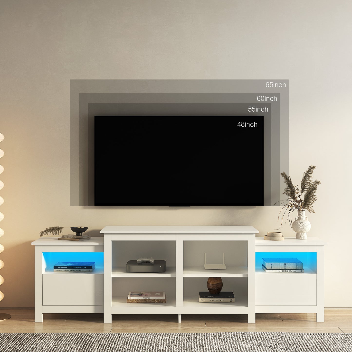 Modern White LED TV Stand with Remote Control Lights and Storage for 85 inch TV