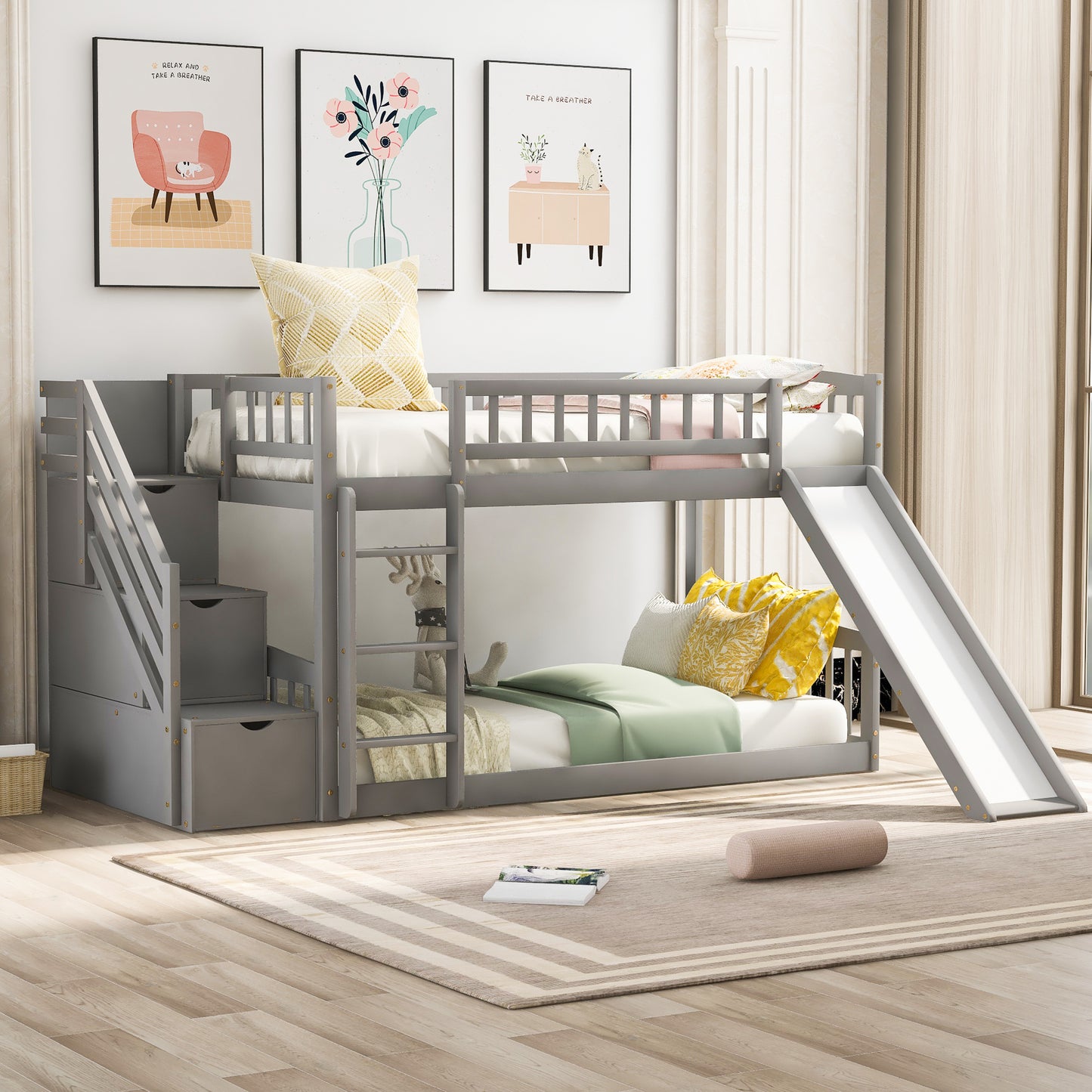 Stairway Twin Bunk Bed with Slide, Drawers, and Gray Finish