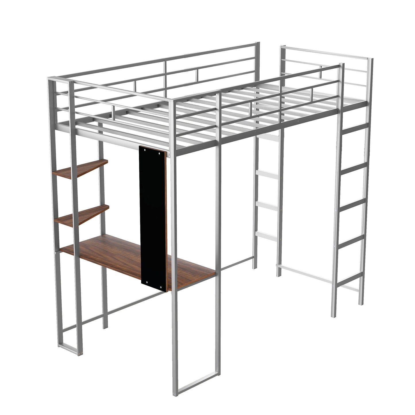 Twin Metal Loft Bed with 2 Shelves and one Desk ,Silver(: MF281206AAN)