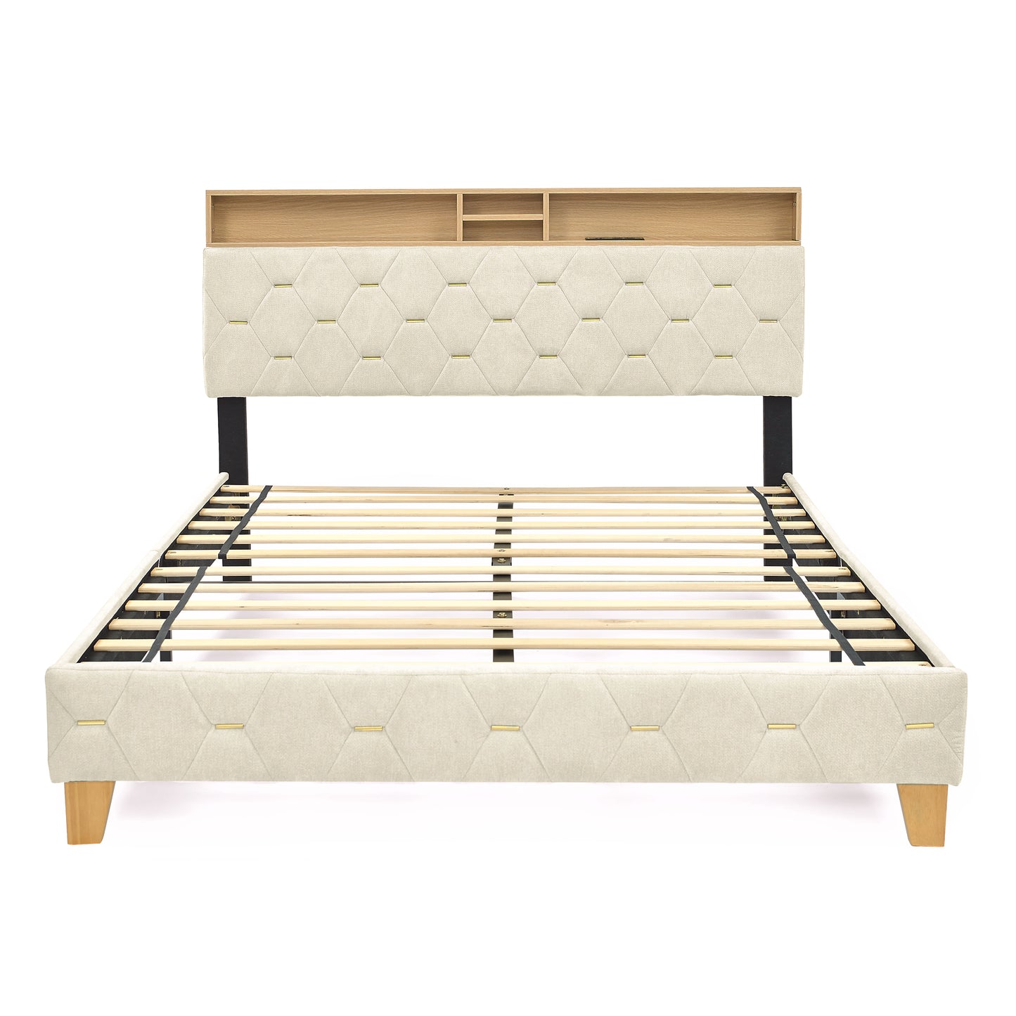 Full Size Bed Frame, Shelf Upholstered Headboard, Platform Bed with Outlet & USB Ports, Wood Legs, No Box Spring Needed, Easy Assembly, Beige