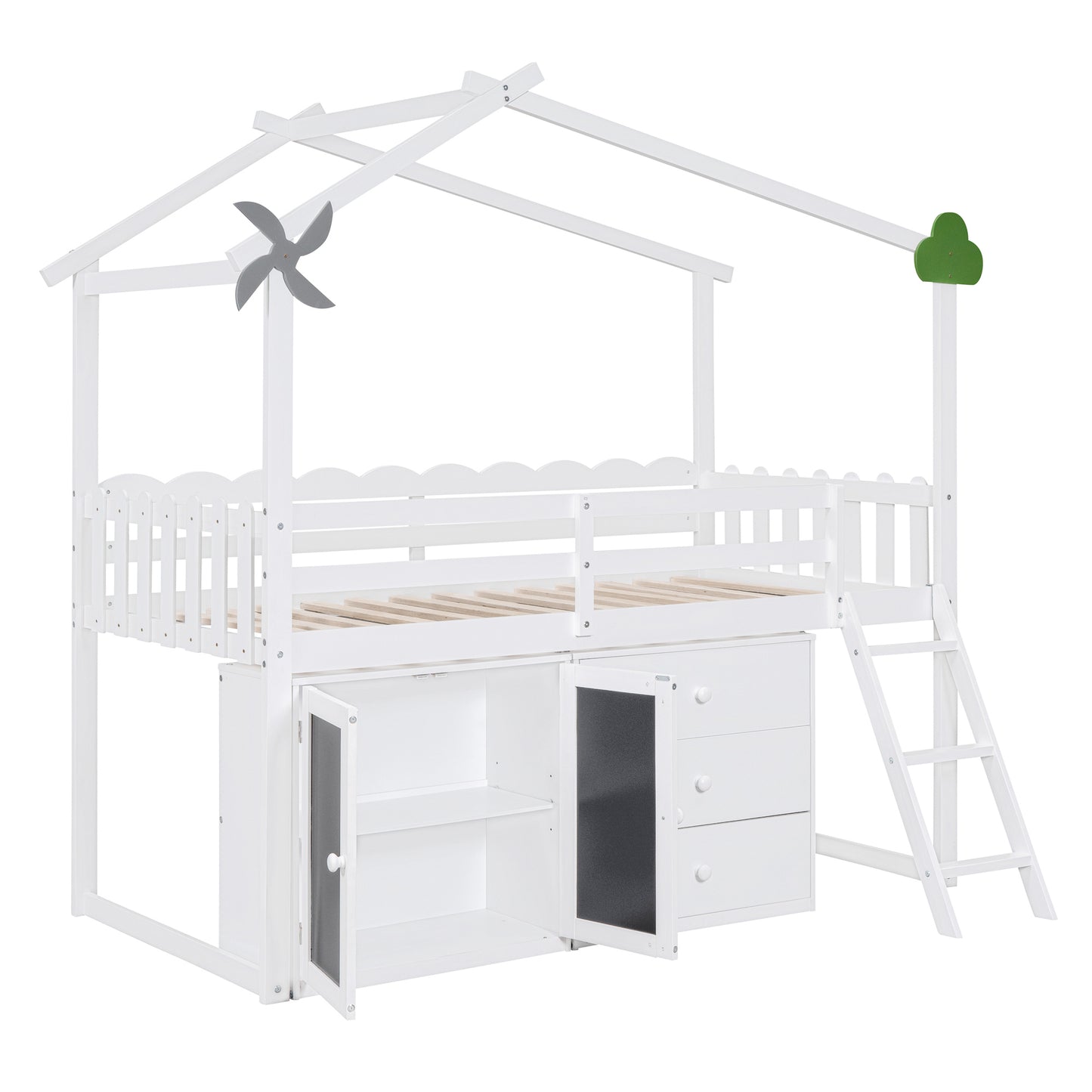 Twin Size House Bed With Cabinet and Drawers, White