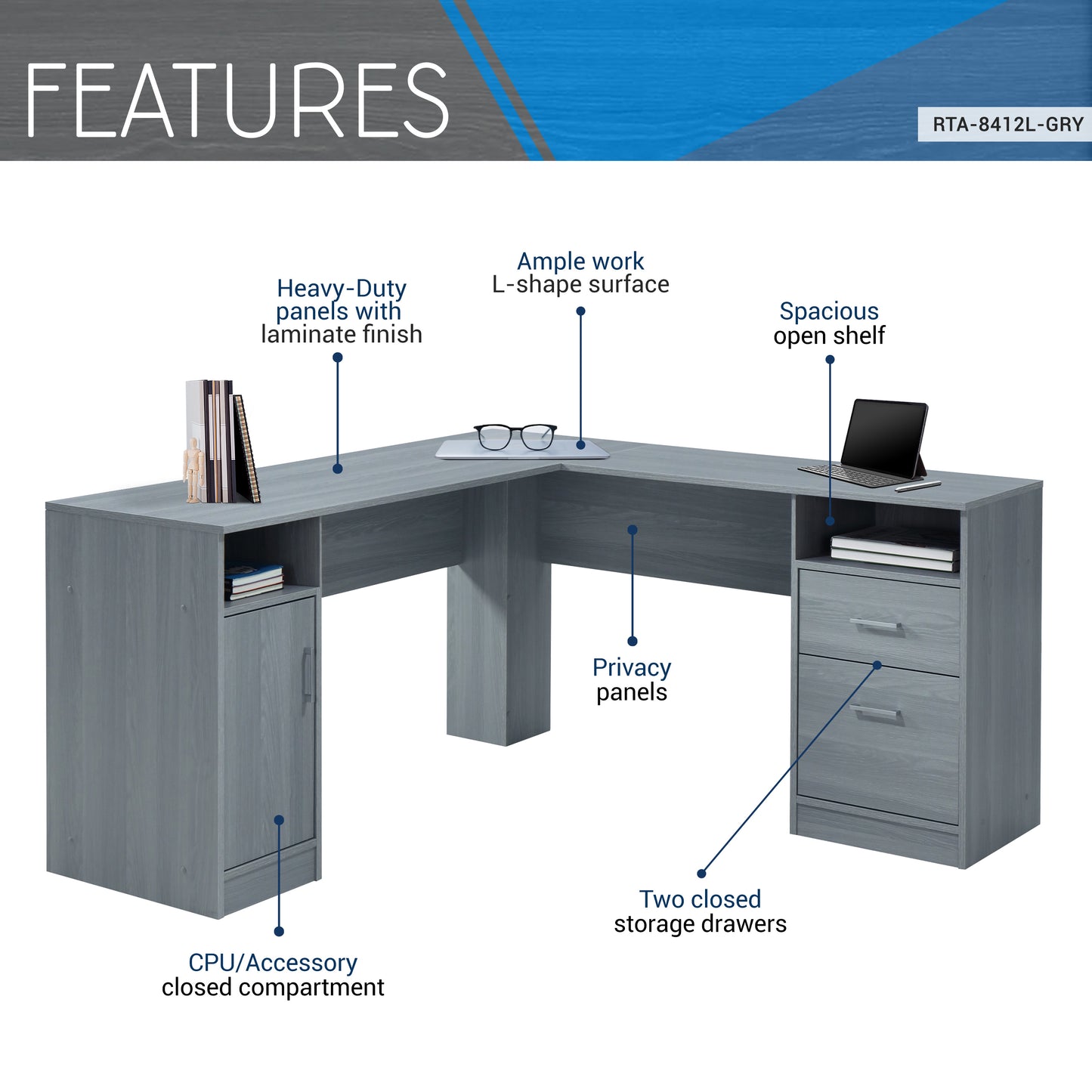 Functional Grey L-Shaped Desk with Storage