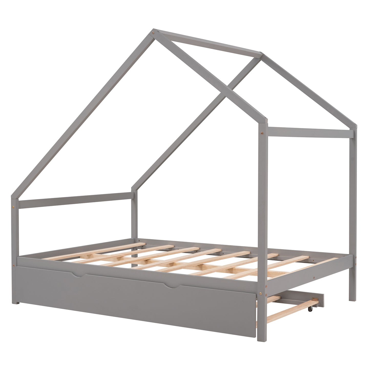 Full Size Wooden House Bed With Twin Size Trundle, GRAY