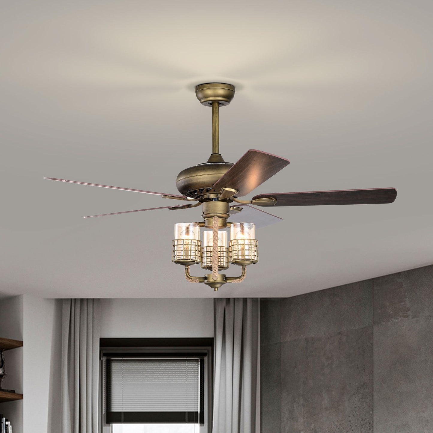 Vintage Style 52-inch Bronze Metal Ceiling Fan with Wood Blades and Remote Control