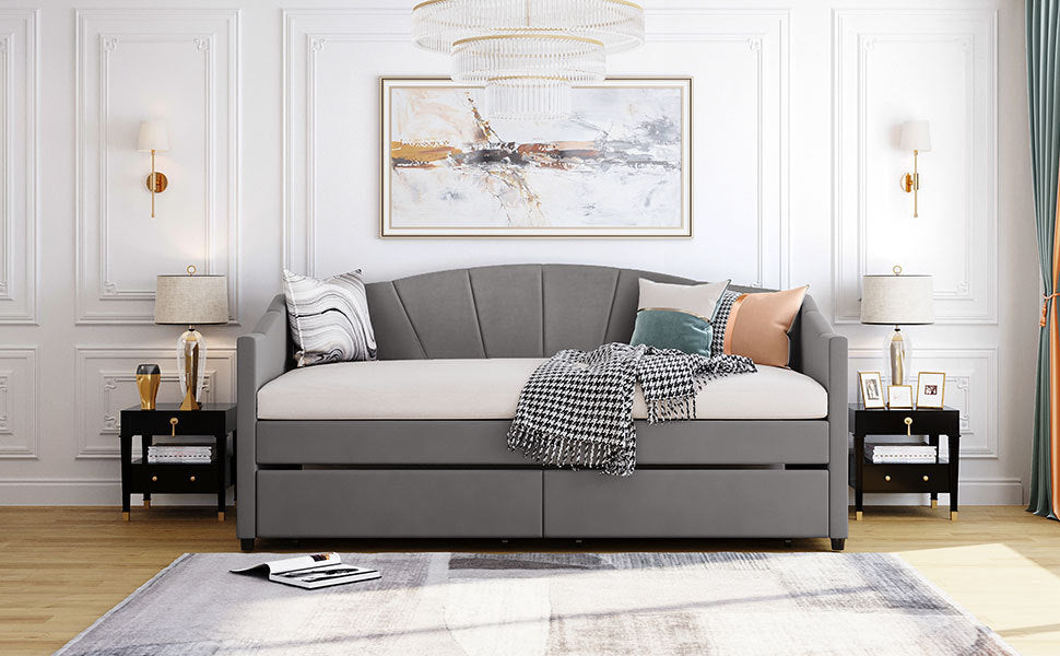 Upholstered daybed Twin Size with Two Drawers and Wood Slat  ,Gray