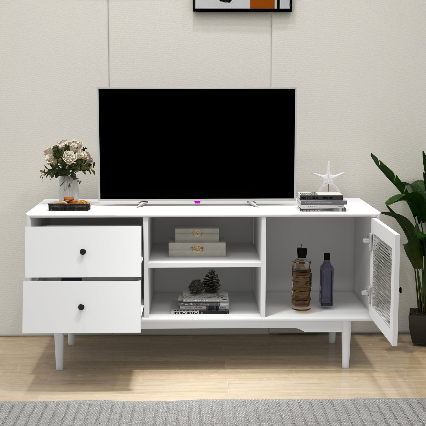 White TV Stand with Drawers, Shelves, and Glass Cabinet for Living Room Storage