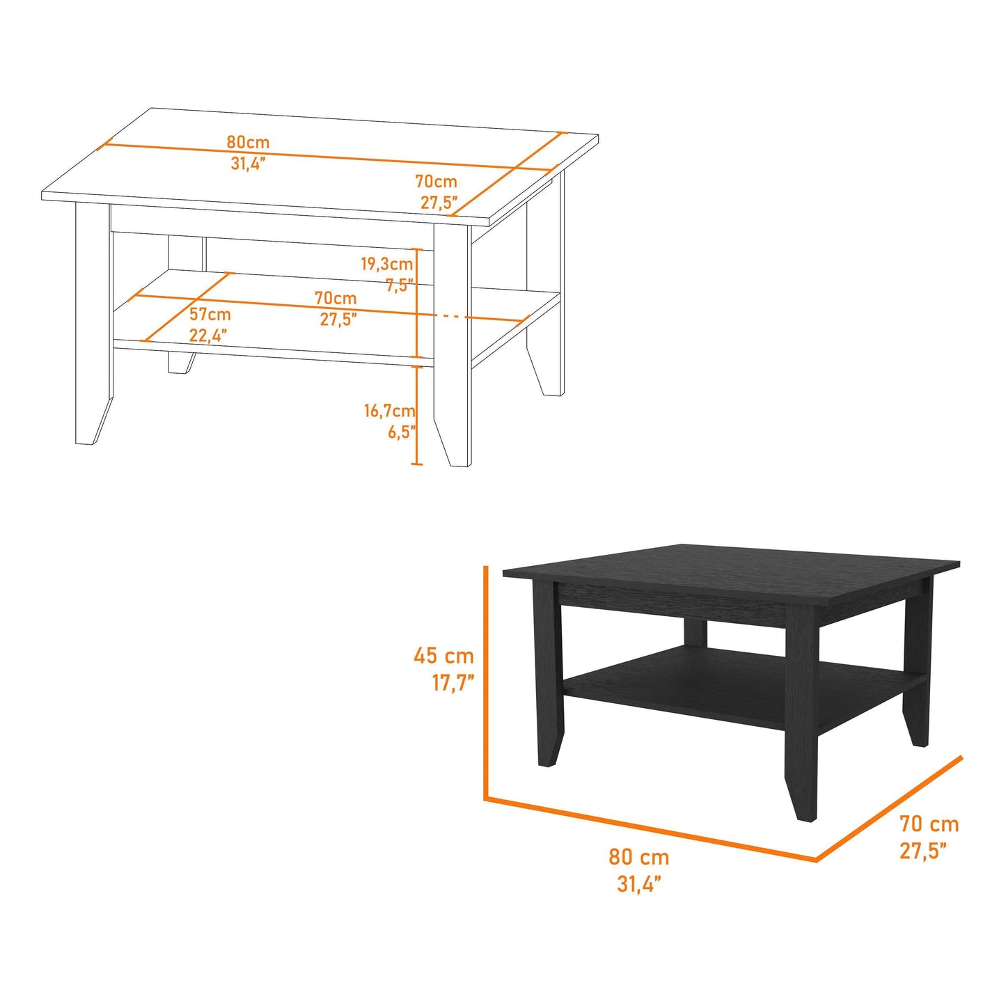 Contemporary Oregon Coffee Table with Dual Open Shelves and Sturdy Legs