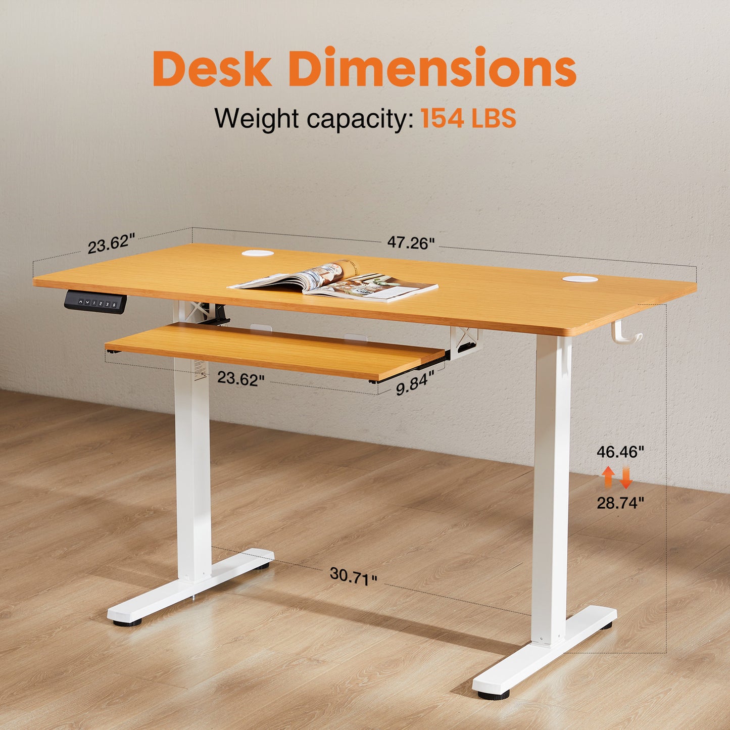 Electric Height-Adjustable Desk with Keyboard Tray, 48 x 24 Inches, Natural Wood Finish