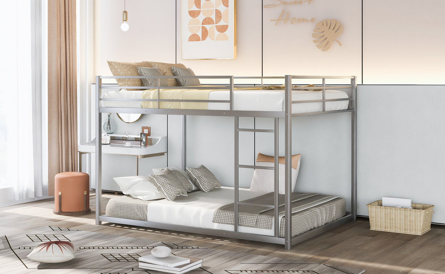 Silver Full over Full Metal Bunk Bed with Low Design and Sturdy Frame