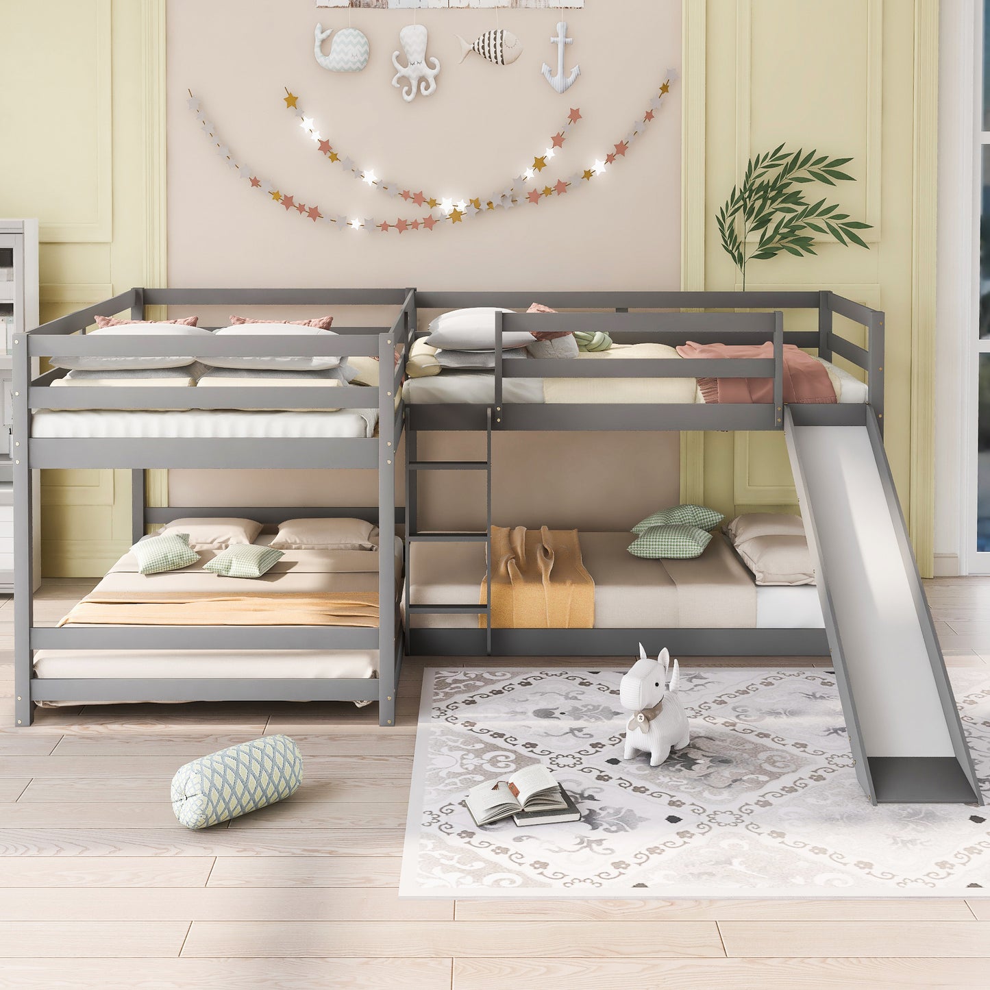 Gray L-Shaped Bunk Bed with Full and Twin Size, Slide, and Short Ladder